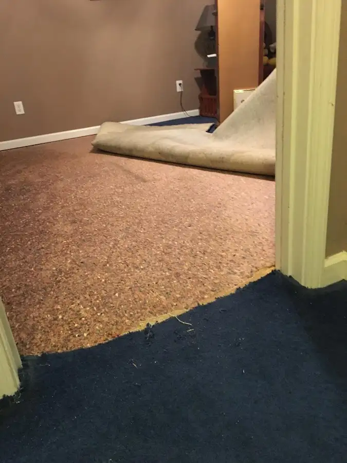 Carpet pad removal revealing water damage during Water Mitigation Services in Sturgeon Bay